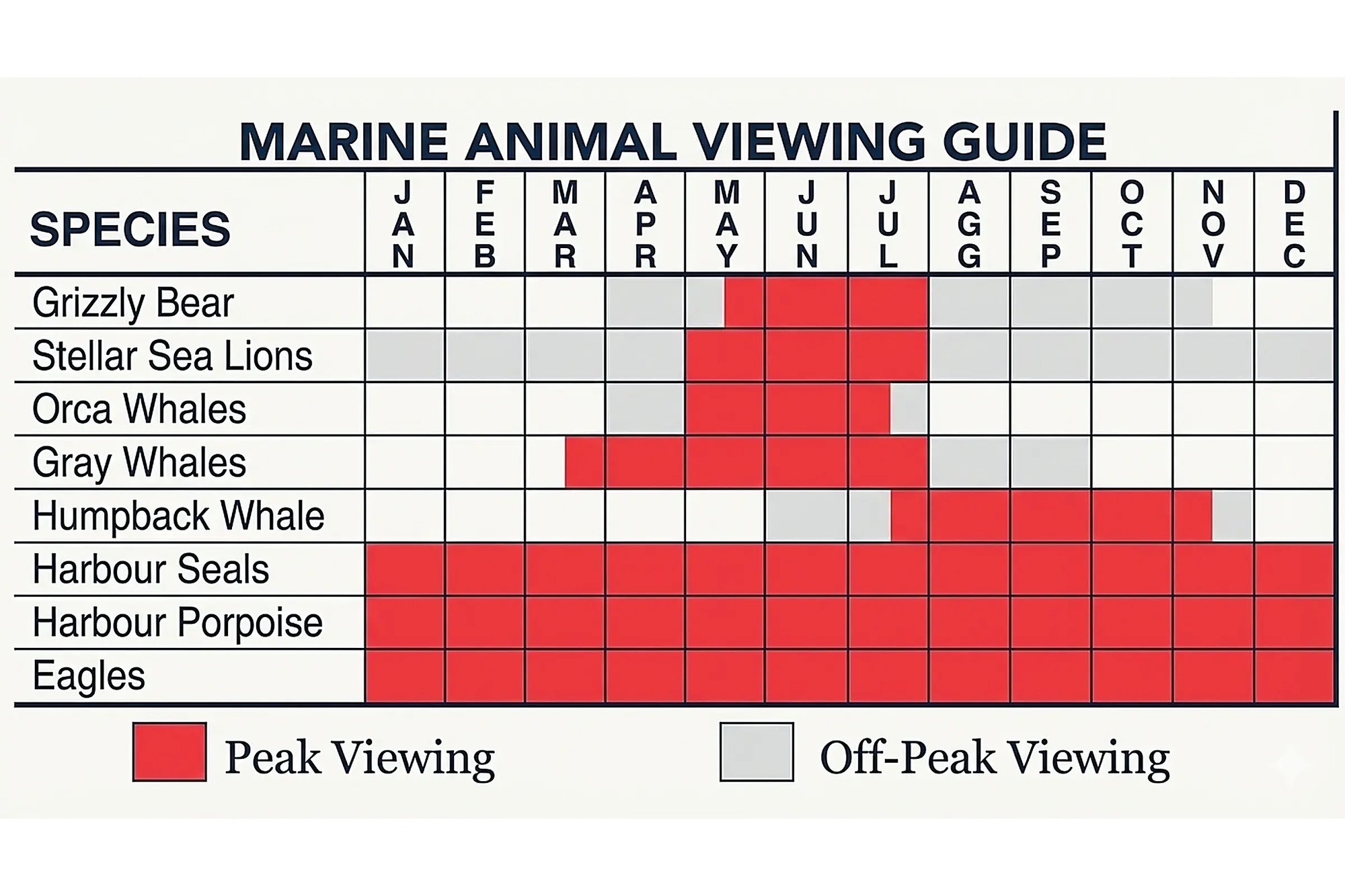 Marine animal viewing guide for Prince Rupert, showing peak (red) and off-peak (grey) months for grizzly bears, Steller sea lions, orca whales, gray whales, humpback whales, harbour seals, harbour porpoise, and eagles.
