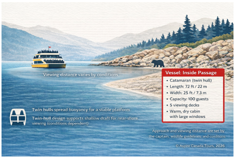 Infographic showing M/V Inside Passage catamaran specifications and viewing features