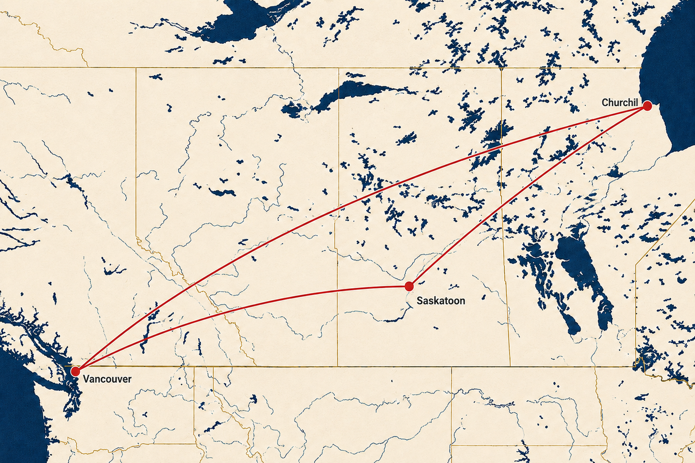 Air route map for the Churchill Polar Bear Tour from Vancouver. The outbound route travels from Vancouver to Saskatoon for an overnight stay, then from Saskatoon to Churchill. The return charter flight travels nonstop from Churchill to Vancouver.