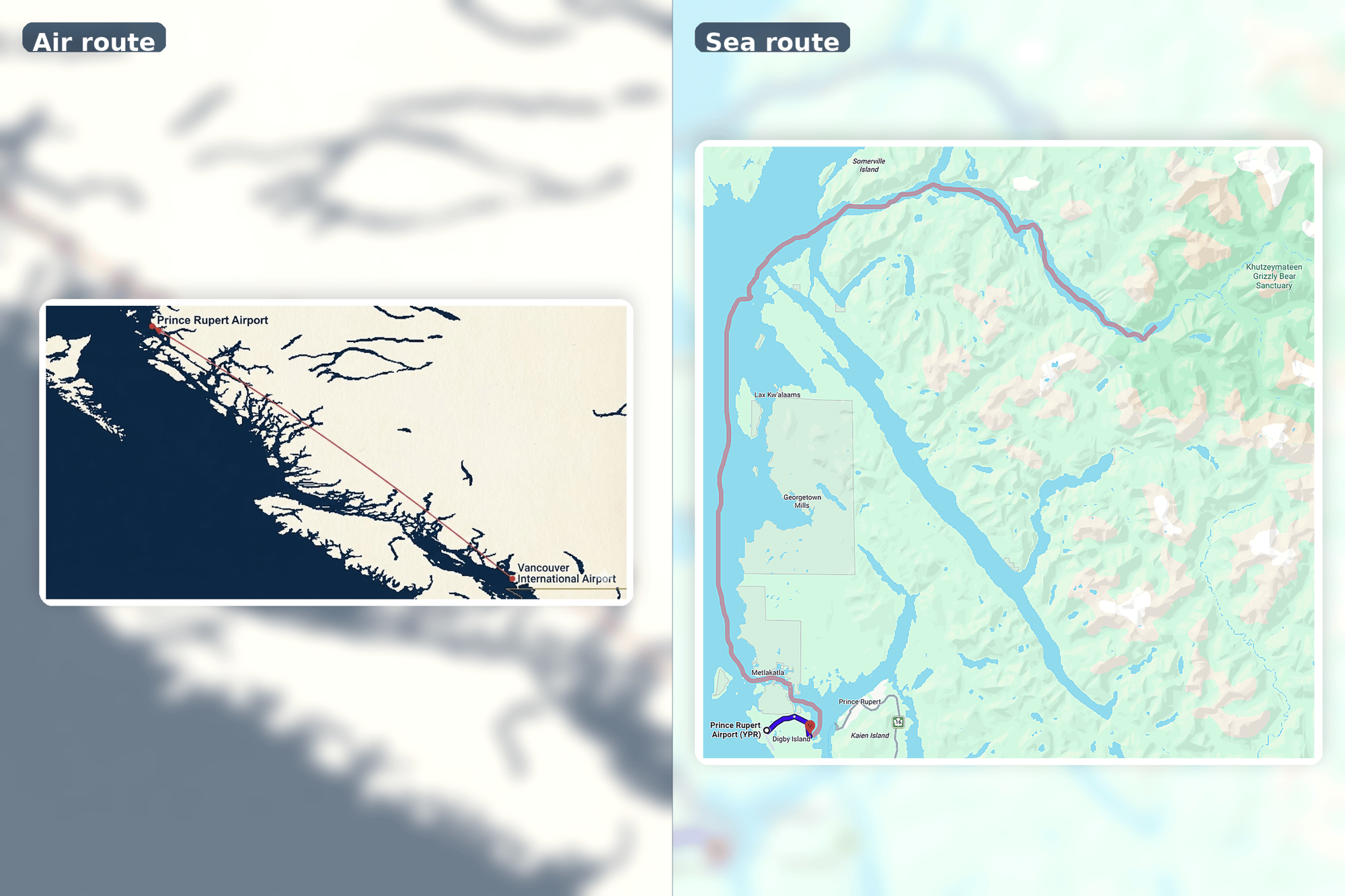 Two-panel route map showing the flight from Vancouver (YVR) to Prince Rupert (YPR), and the sea route from Prince Rupert to the Khutzeymateen Grizzly Bear Sanctuary.