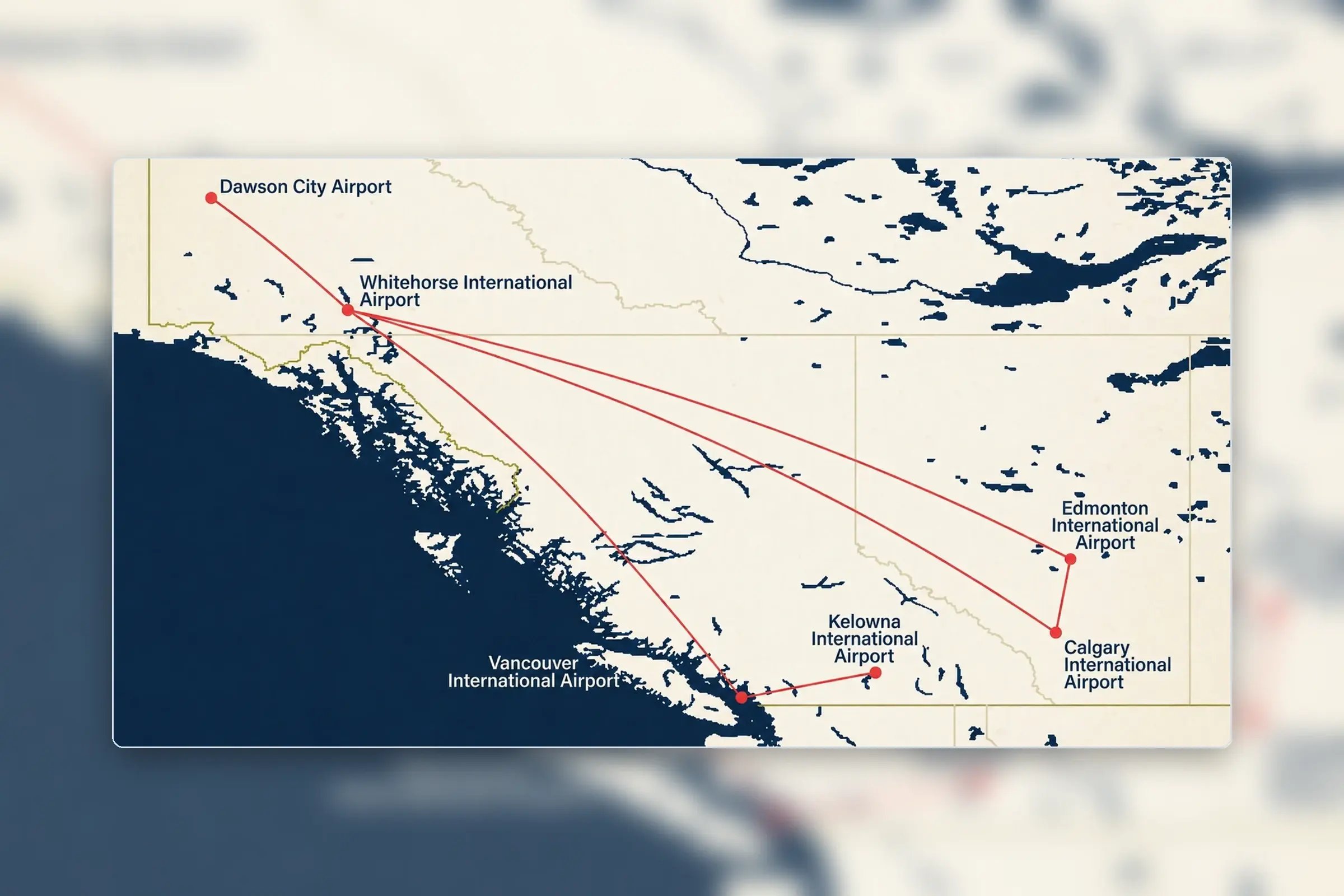 Air route map showing selected gateway flights from Vancouver, Kelowna, Calgary, and Edmonton to Whitehorse, plus the included Whitehorse to Dawson City flight
