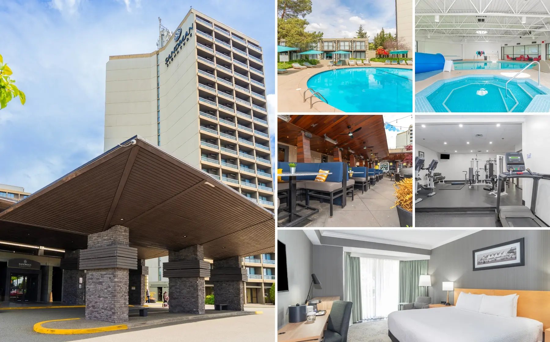 Sandman Signature Vancouver Airport Hotel in Richmond, BC, including a guest room, indoor pool and hot tub, outdoor pool, fitness centre and hotel amenities.