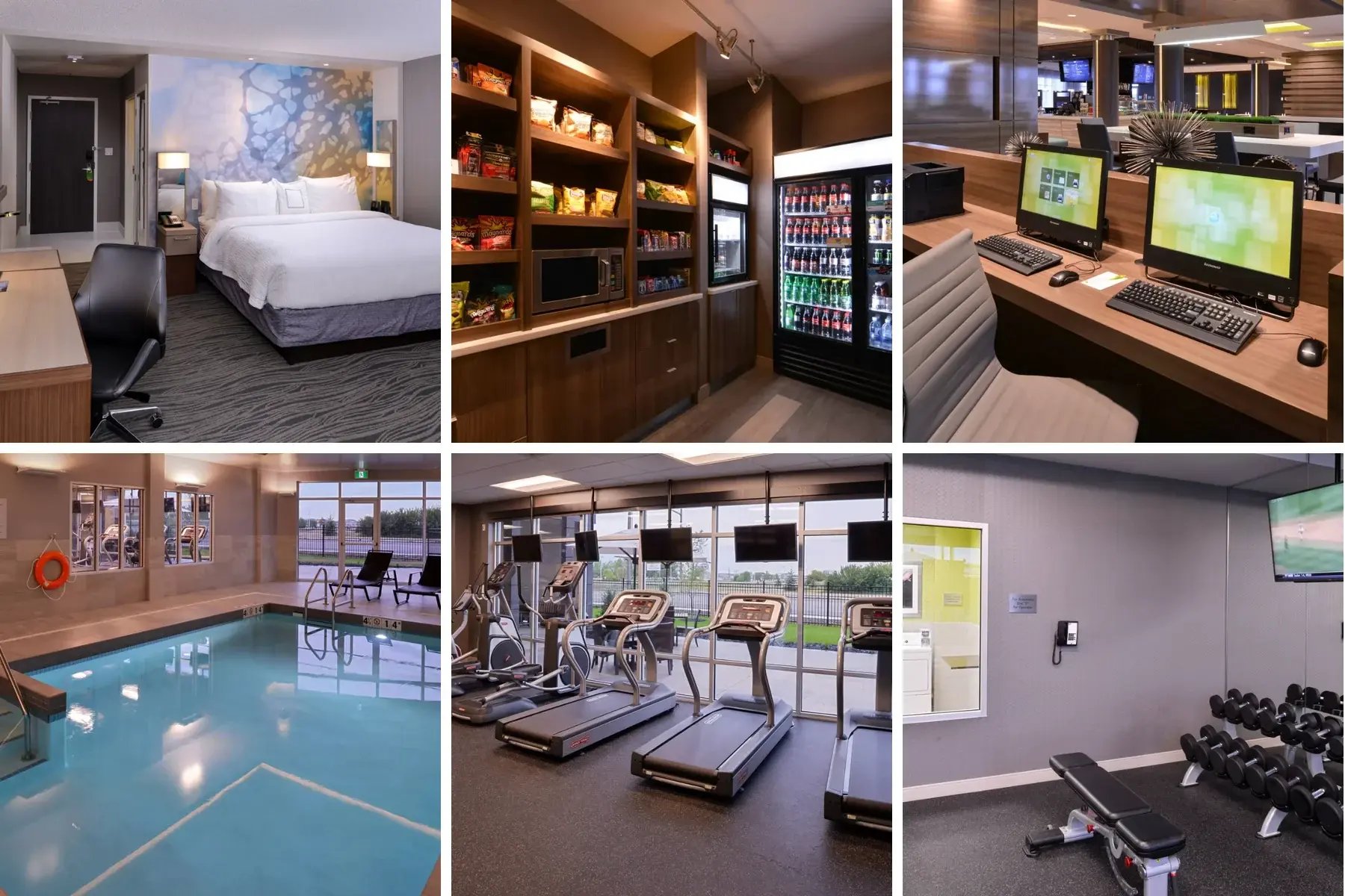 Courtyard by Marriott Saskatoon Airport guest room, market, business centre, indoor pool and fitness facilities.