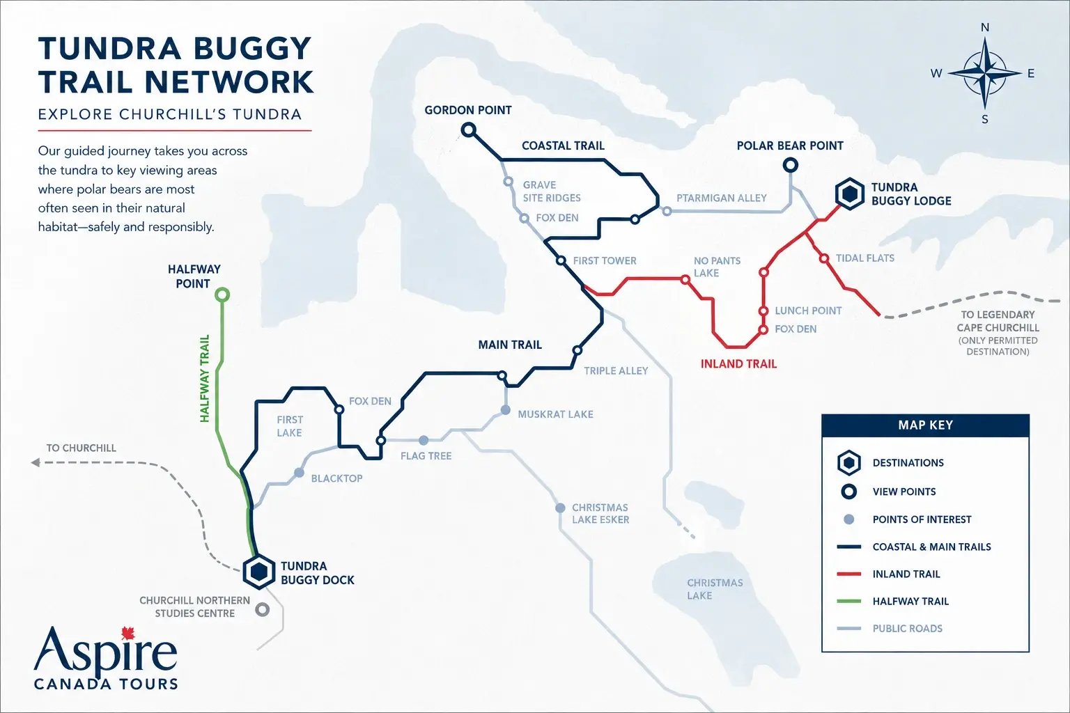 Map of the Churchill tundra buggy trail network showing the main trails, selected viewing points, the Tundra Buggy Dock, and the Tundra Buggy Lodge.