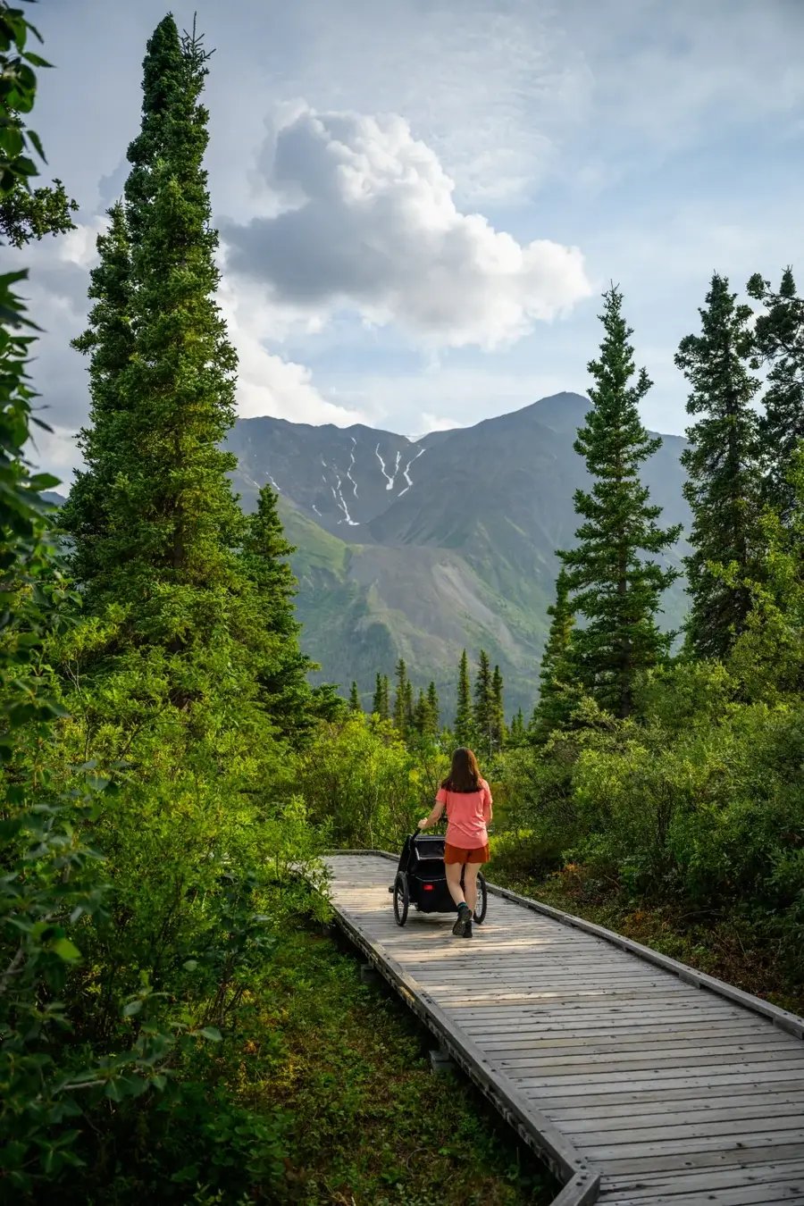 A guest walking along the Kokanee Trail boardwalk at Kathleen Lake, surrounded by spruce forest and mountain views in Kluane National Park and Reserve.