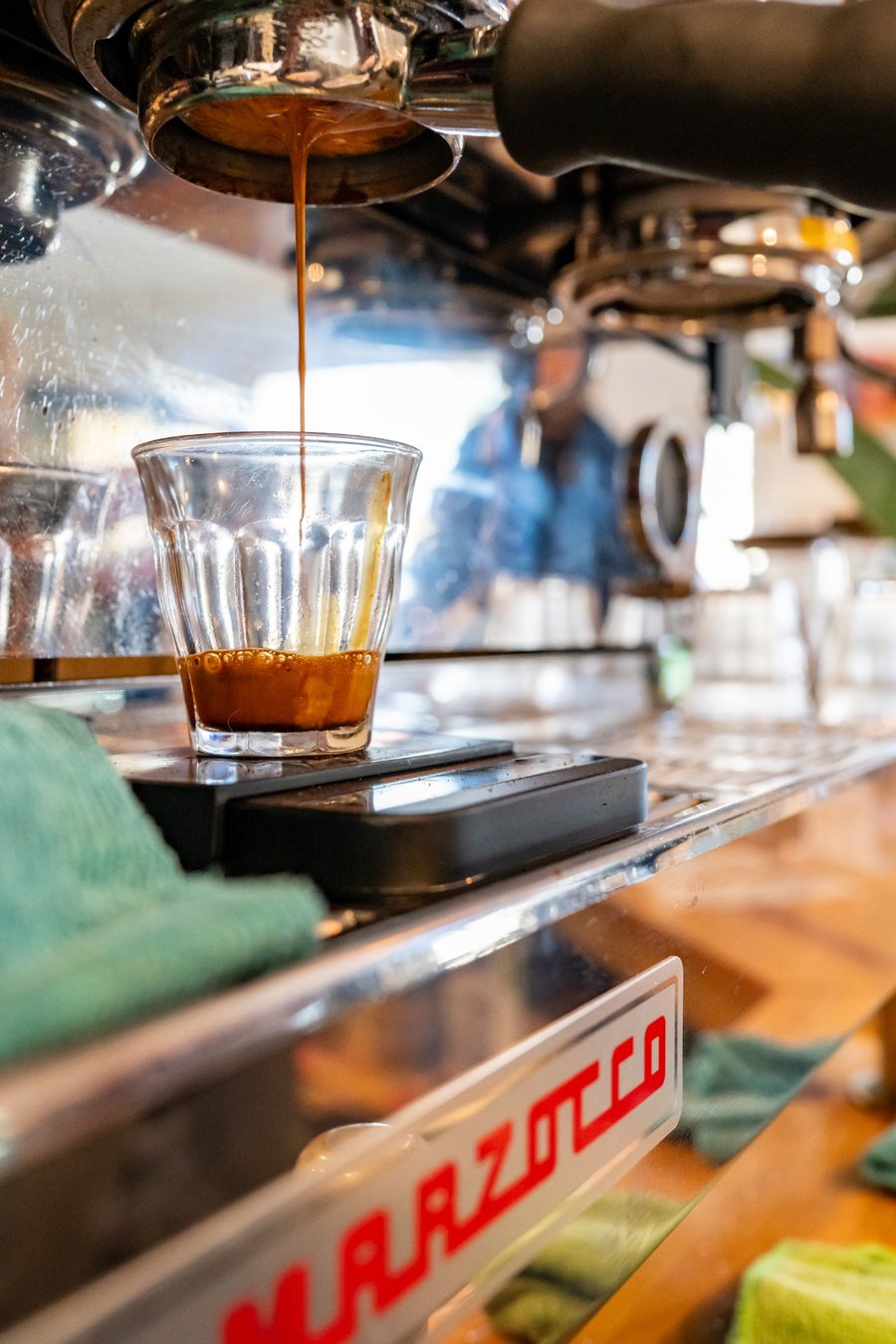Espresso being prepared at Kind Café, a plant-based restaurant in downtown Whitehorse near the tour hotel.