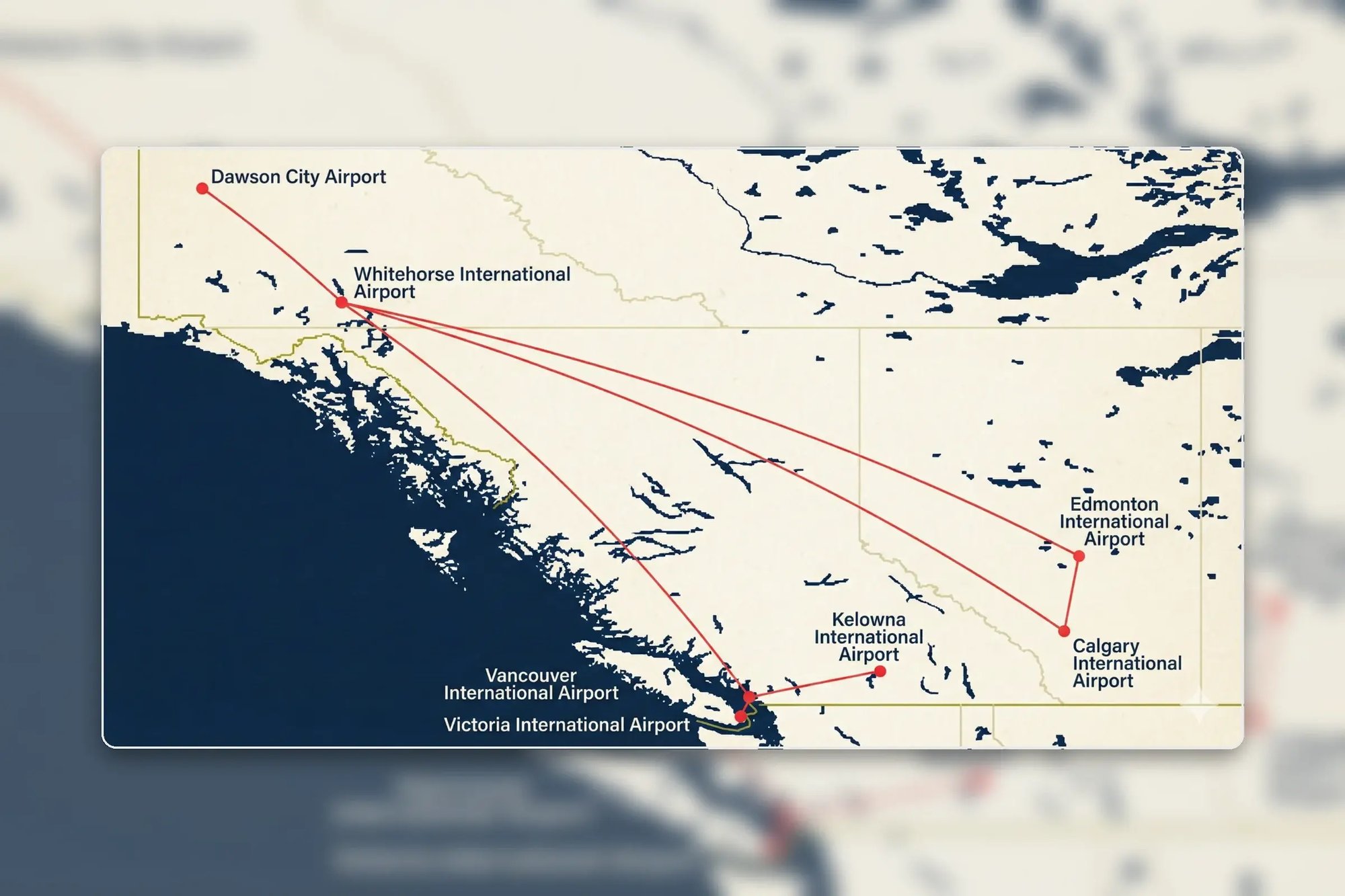 Yukon Klondike Tour air route map linking Whitehorse and Dawson City with Vancouver, Kelowna, Calgary, and Edmonton airports.