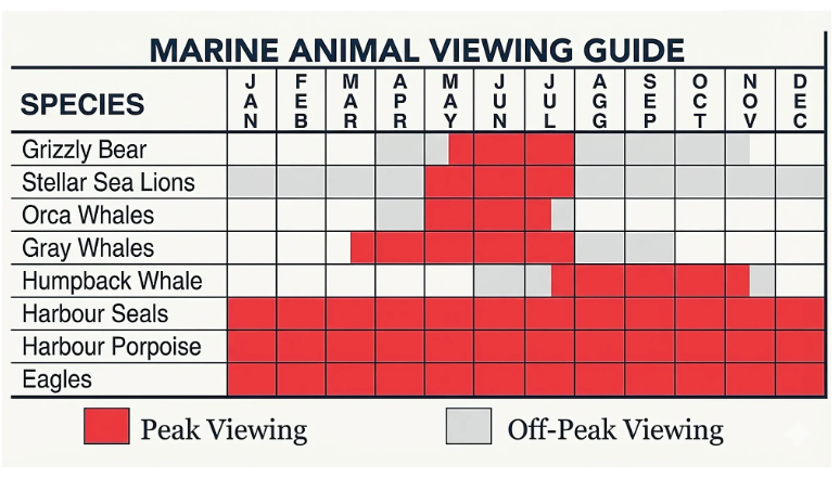 Chart showing typical wildlife viewing periods for grizzly bears, whales, harbour seals, porpoises, and eagles