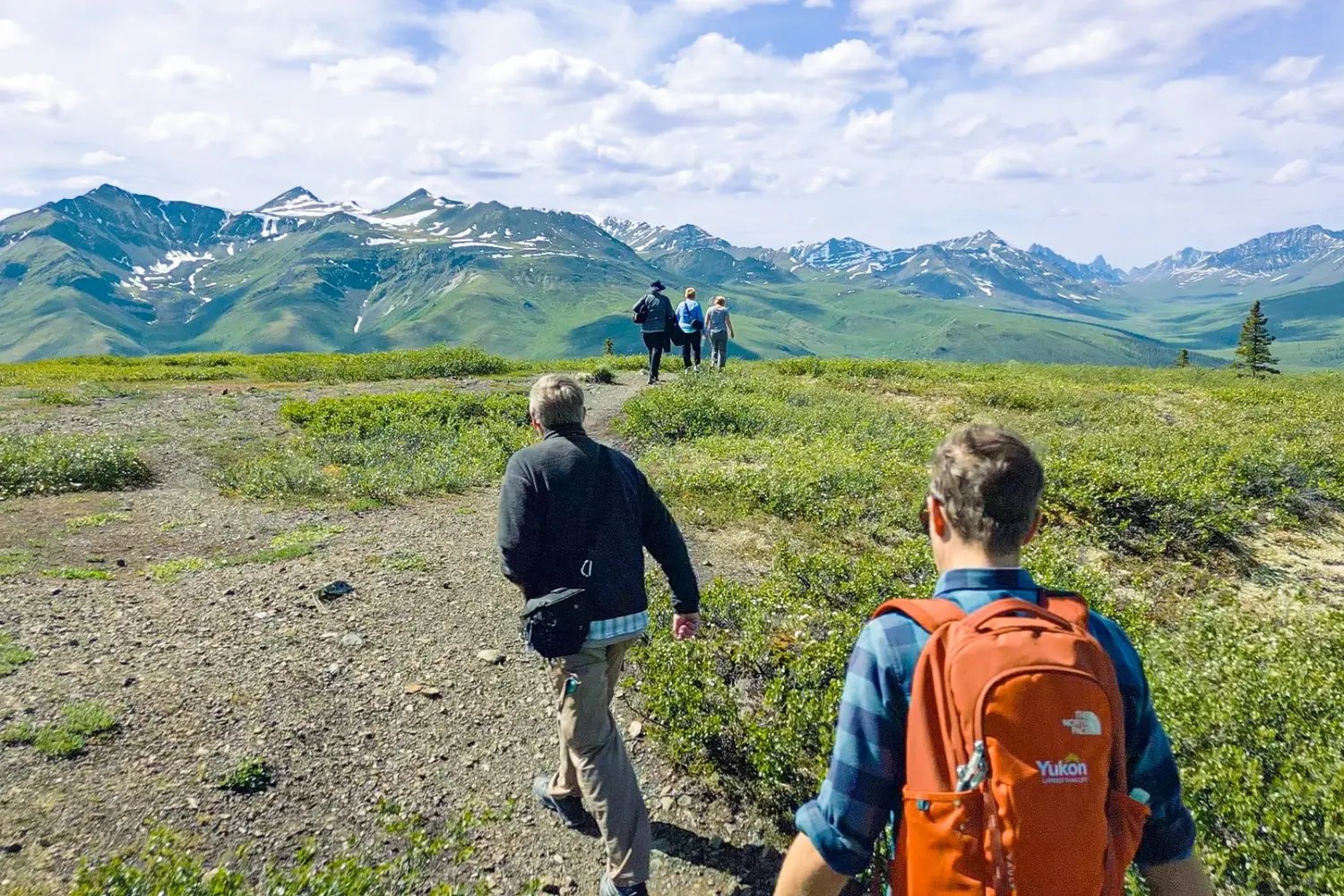 Guests walking across open alpine ground in Tombstone Territorial Park, with wide mountain views in the distance.