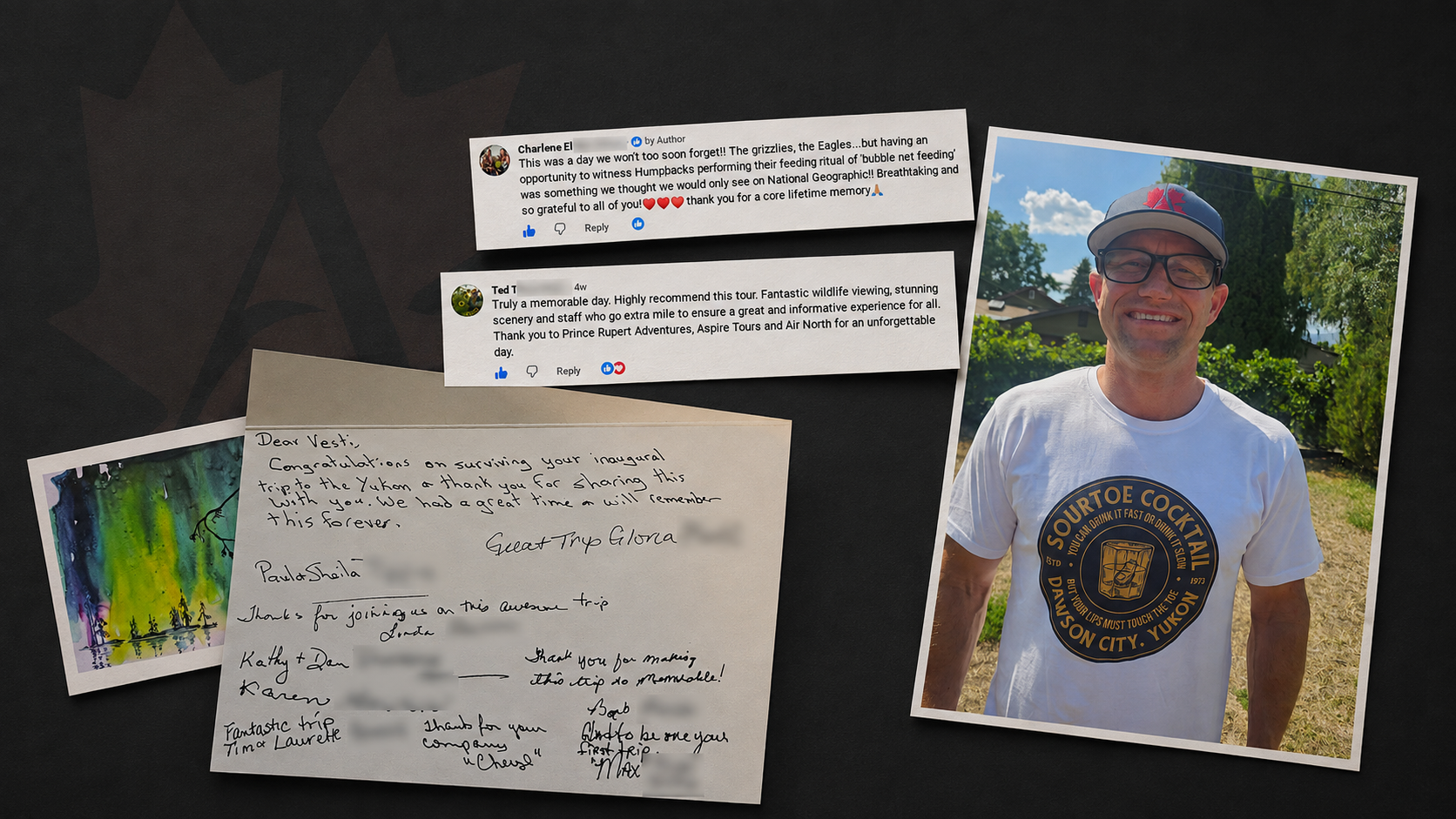 Collage showing Vesti wearing a Sourtoe Cocktail T-shirt presented to him with a card by ACT’s Yukon tour guests, alongside Facebook comments from the July 4, 2026 grizzly bear tour.
